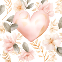 saint valentines postcard with pink heart and leaves and flowers pattern 