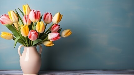 Vibrant yellow and pink tulips in a ceramic vase on a blue background - obrazy, fototapety, plakaty