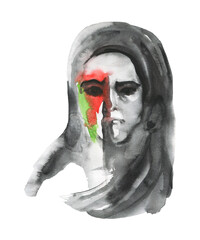 Painting portraiy of woman with Palestinian flag. Refugees concept. Watercolor silhouette of ypung muslim lady. Hand drawn illustration isolated on white background - 696391631