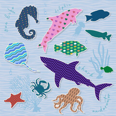 Scrapbook elements. Fish with patterns on blue background. Vector illustration