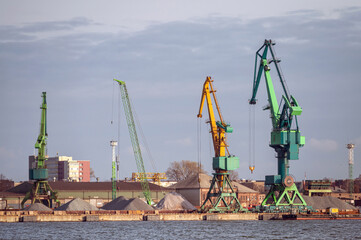 Industrial landscape with cranes in the port of Klaipeda, Lithuania