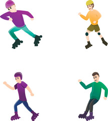 Fototapeta na wymiar Man roller icons set cartoon vector. Man character on roller skate. Physical activity, hobby