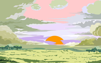 Cartoon dawn sky with pink and blue fluffy clouds.Beautiful cloudy landscape at sunset.Plane flies over the sea.