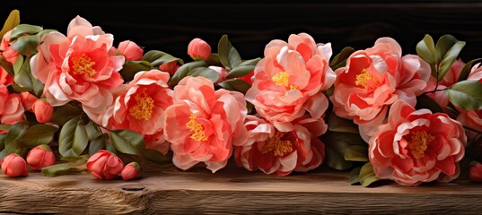 Stunning Mono Bouquet. Tender Blossoming Coral Peony Flowers on Rustic Wooden Wall Background - obrazy, fototapety, plakaty