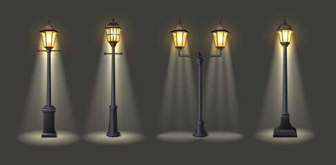 3d realistic vector icon illustration. Street lamps with light on dark background.