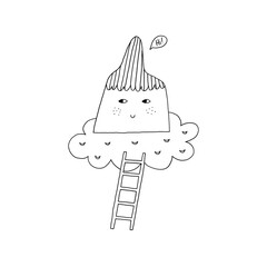 Line minimal mountain on a cloud. Vector illustration