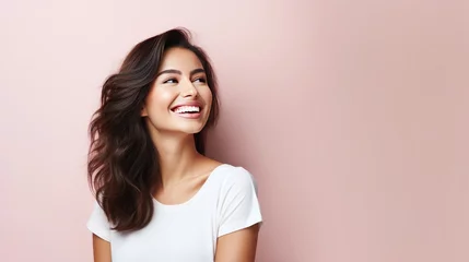 Tuinposter Pretty woman dental confident smile and skincare © AUNTYANN