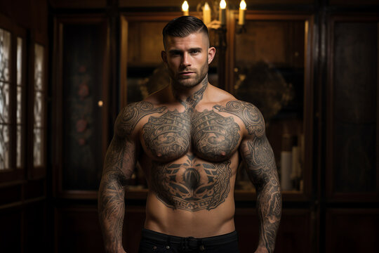 Photo of tattooed handsome man in creative design tattoo picture made with generative ai