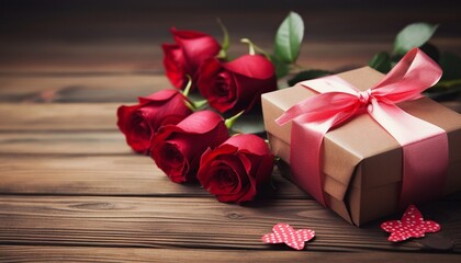 Gift box and red roses on wooden background. Valentines day concept.