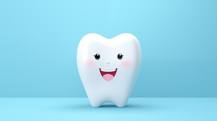 cute 3d style tooth character isolated on blue pastel background with copy space as dental treatment concept, dentist, dentistry, dentist day