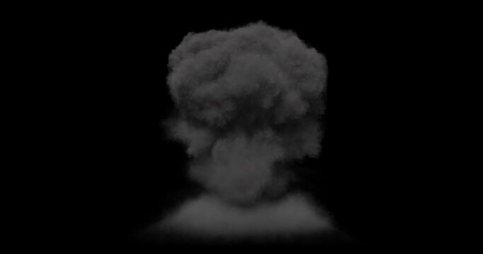 Artillery explosion with smoke, fire, particles and shock wave. Black background, alpha mask included.