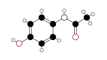 paracetamol molecule, structural chemical formula, ball-and-stick model, isolated image acetaminophen