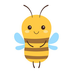 cute friendly insect, cartoon happy bee character, flat vector illustration isolated on white