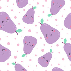 cute seamless pattern with smiley pears in cartoon style, cute and funny texture for kids, lovely background with fruits
