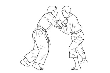 Line drawing of two young sportive judoka fighter. Judoist, judoka, athlete, duel, fight, judo