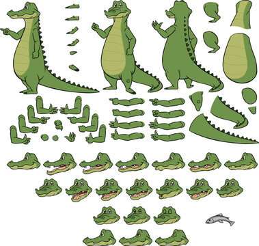 Vector cartoon style alligator character for animation. Different emotions, gestures and poses. Isolated vector illustration.