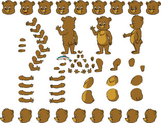 Vector cartoon style baby bear character for animation. Different emotions, gestures and poses. Isolated vector illustration.