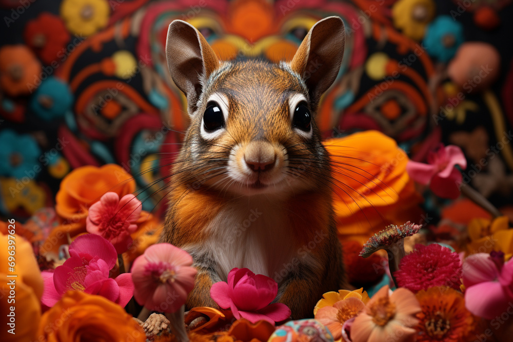 Poster a squirrel surrounded by a symphony of abstract safari-inspired patterns, embodying the vibrant ener