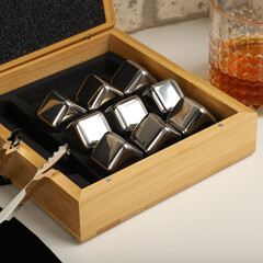 Stainless Steel Whiskey Stone Set in Bamboo Box, Whiskey Stone Set, Gift for Whiskey Lover, concept shot, top view, whiskey stones