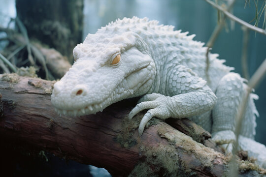 A hauntingly beautiful shot of an albino alligator, its ghostly appearance creating an eerie yet mesmerizing image.