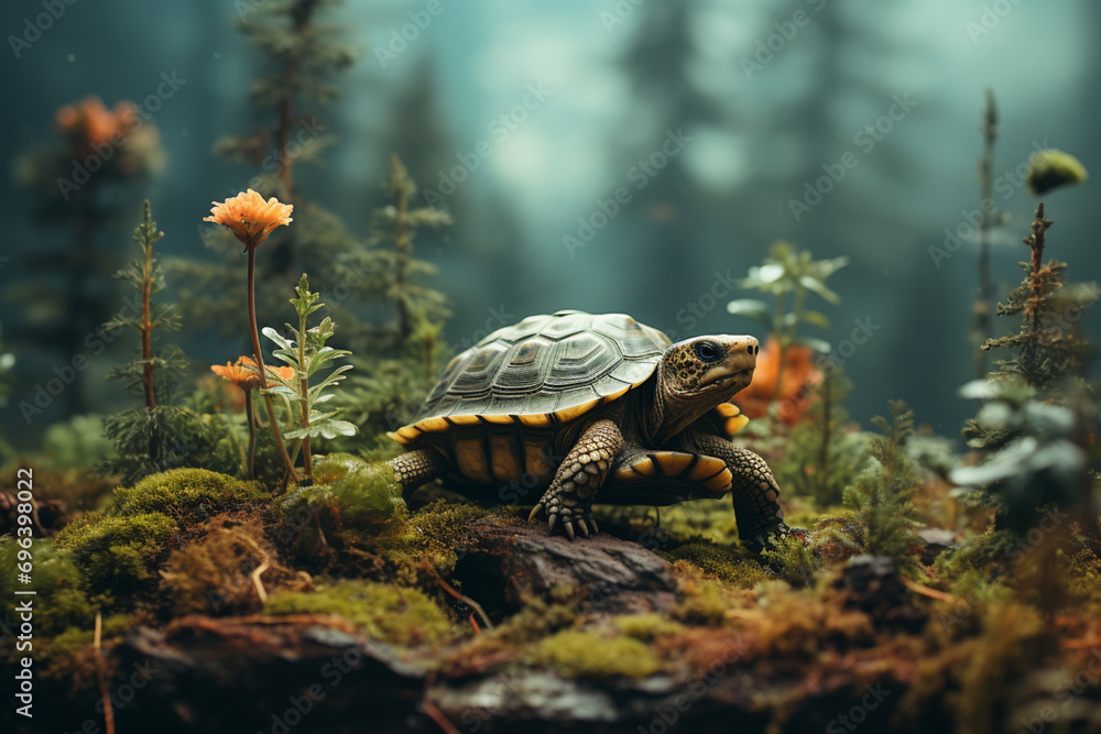 Poster a serene image of a miniature turtle in a pastel-toned terrarium, radiating tranquility against the 