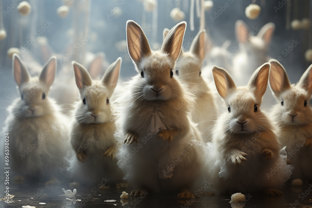 Poster An ethereal portrayal of bunnies engaged in a ballet of soft movements, their fluffy forms adding a touch of magic to the pastel studio setting.