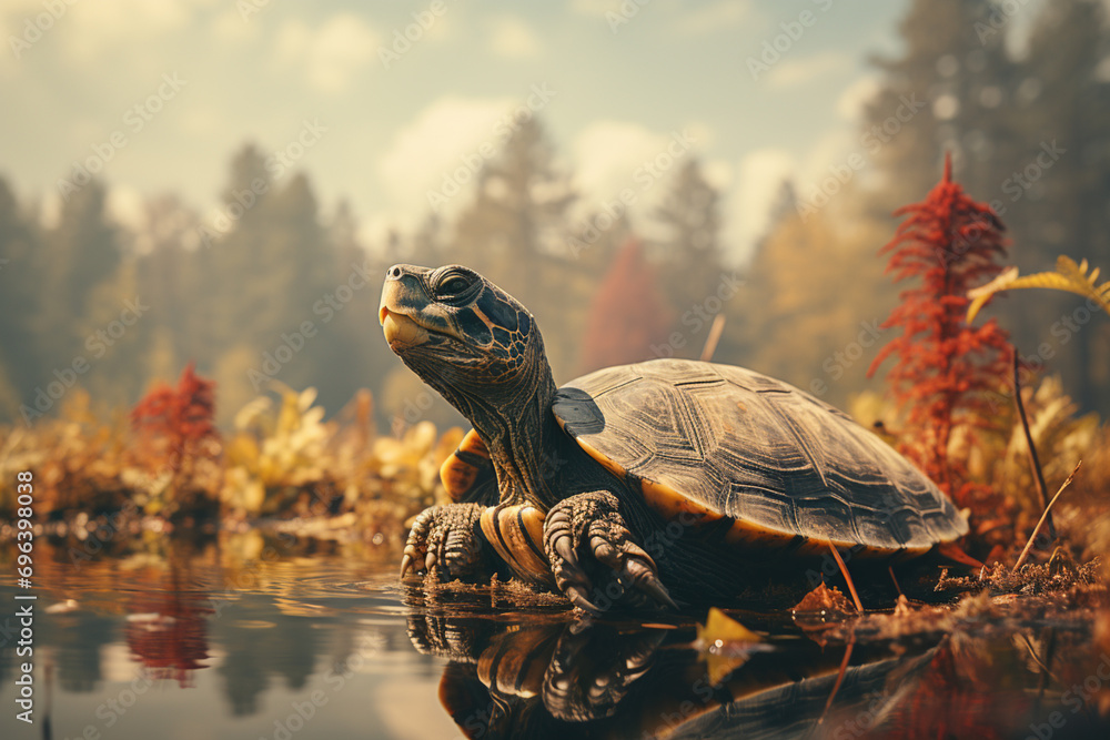 Poster a contemplative moment captured with a tiny pond turtle against a pastel background, evoking the tra