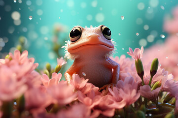 An enchanting portrayal of a tiny frog with a princely air, set against a pastel paradise backdrop, creating a fairy tale ambiance. - obrazy, fototapety, plakaty