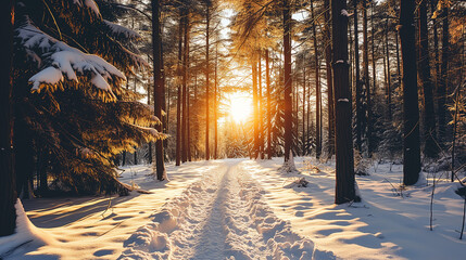 Wald mit Schnee und Sonnenuntergang