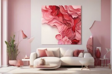 modern living room with red and pink sofa and wall arts