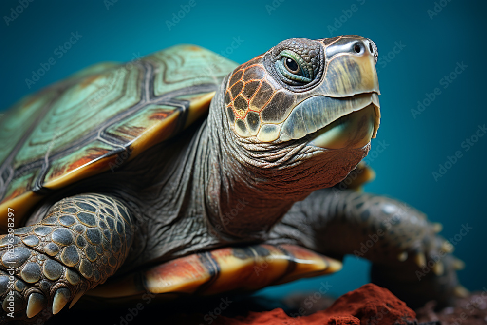 Poster A serene turtle on a pastel green surface, the texture of its shell and calm expression making for a captivating image.