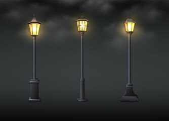 3d realistic vector icon illustration. Old street lights with smoke dark effect. - obrazy, fototapety, plakaty