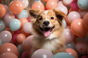 Fototapeta na wymiar A delightful scene of a puppy surrounded by pastel-colored balloons, capturing the essence of joy and playfulness.