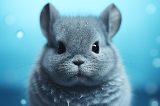 A mesmerizing shot of a chinchilla in a powdery blue setting, its soft fur and bright eyes creating an adorable image.
