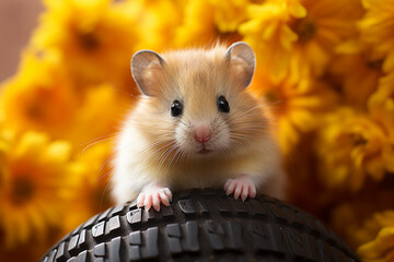 An endearing portrait of a dwarf hamster perched on a pastel yellow wheel, its tiny paws and bright eyes adding to its charm. - obrazy, fototapety, plakaty