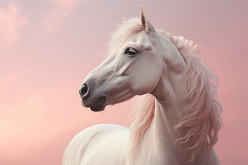 A striking composition of a majestic white horse against a soft pink sky, creating an ethereal and dreamlike scene.