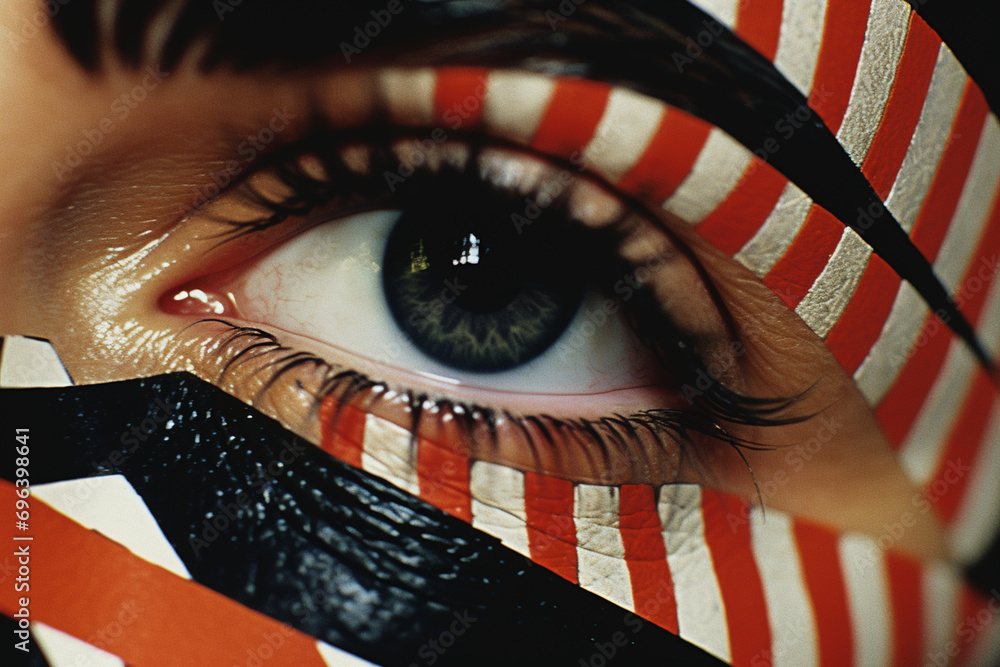Poster close-up of a person amidst abstract graphic design patterns, conveying the harmonious and expressiv