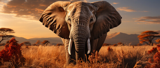 Majestic elephant in a grassy field at sunset.