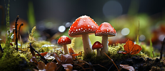 Vibrant red fly agaric mushrooms in a forest. - obrazy, fototapety, plakaty