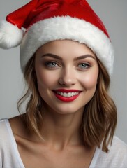 beautiful portrait of a american model with shadow in her face, wearing a red santa cap