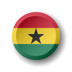 Ghana flag - 3D circle button with dropped shadow. Vector icon.