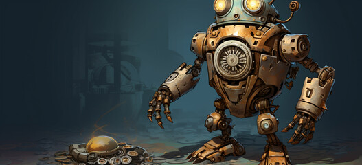 A cute robot with steampunk aesthetics, featuring gears, cogs, and intricate details. The robot could be holding a vintage style money bag with a mechanical flair.