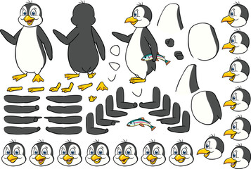 Vector cartoon style penguin character for animation. Different emotions, gestures and poses. Isolated vector illustration.