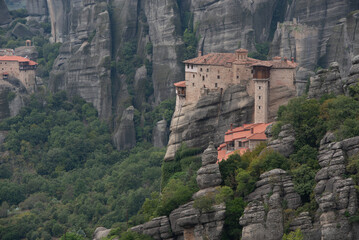 Monasteries at meteora kalampaka build on top of sandstone ridge. Saint barbara Rousanou monastery,...