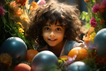 Fototapeta na wymiar Adorable Big-Eyed Smiling Child in Easter Garden with Eggs, Flowers, and Lush Greenery