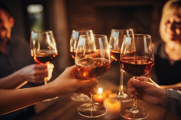 Festive celebration. Friends raise glasses of wine and champagne, toasting joyously at holiday party - obrazy, fototapety, plakaty