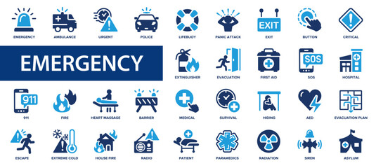 Emergency flat icons set. SOS, ambulance, urgency, police, medical, hospital icons and more signs. Flat icon collection.