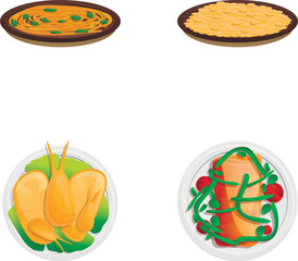 Lunch icons set cartoon vector. Various dish for lunch. Cooking, food concept