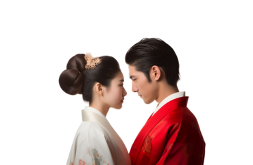 An Asian Valentine’s Day: The Journey of a Traditional Japanese Couple, Isolated on Transparent Background, PNG