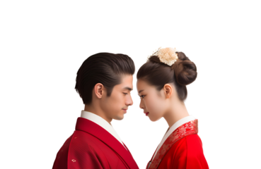 Asian Valentine’s Day: A Glimpse into the Celebration of a Traditional Japanese Couple, Isolated on Transparent Background, PNG